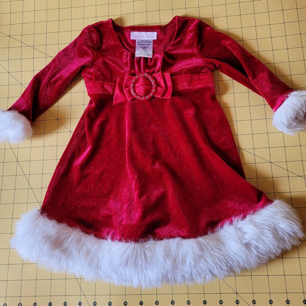 Bonnie Baby Red Sparkly Holiday Dress with Faux Fur White Trim Size 18 Months